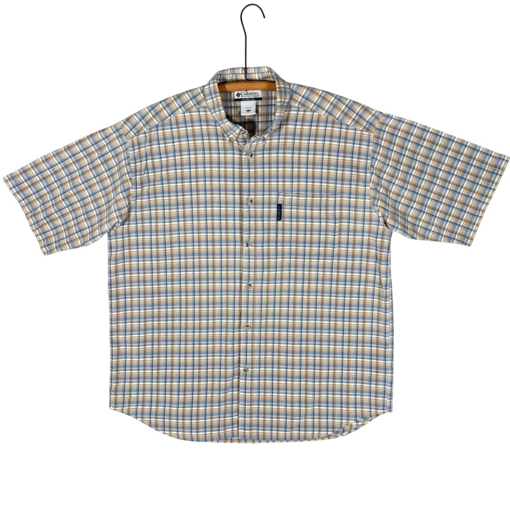 Columbia Mens XXL Blue Tan Plaid Short Sleeve Button Down Shirt XM7122 Cotton